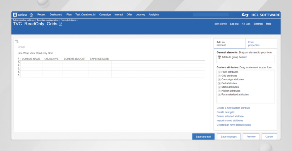 HCL Unica Plan’s TVC Read Only Grid