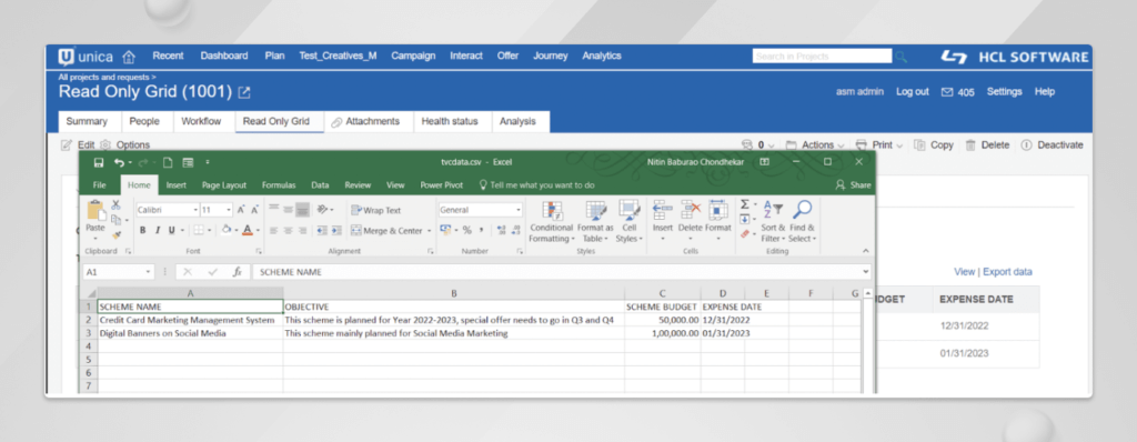 HCL Unica Plan’s TVC Read Only Grid