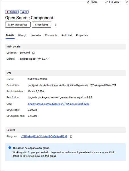 Figure 3 highlights the affected open source component, including version details and recommended remediation steps