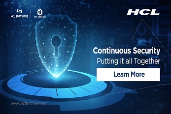 HCL AppScan continuous security promotional graphic featuring shield icon with digital elements and 
