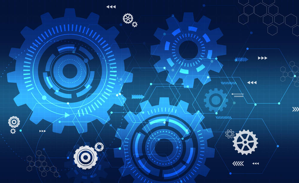 Isometric illustration of interconnected blue technical gears and molecular structures on dark background symbolizing advanced DAST technology