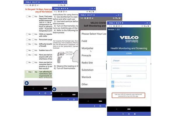 Five overlapping mobile app screens from VELCO’s Health Monitoring and Screening application