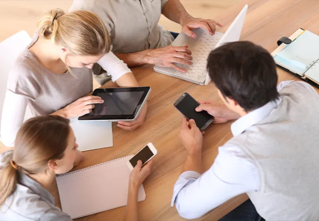 Illustration of HCL BigFix Workspace+ digital employee experience platform showing unified device management and AI-powered workspace management dashboard.