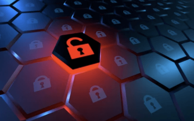 3D hexagonal grid with highlighted red padlock icon and vulnerability symbols representing DAST and third-party component detection